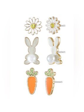 🐰Way to Celebrate Easter Stud Earrings Set- Bunny, Carrot, Daisy Goldtone Set